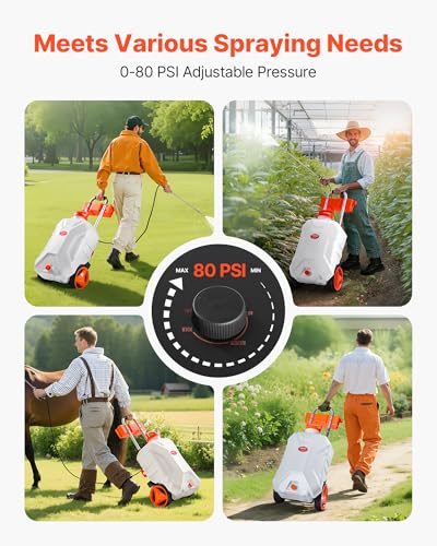 VEVOR Battery-Powered Sprayer with Wheeled Cart, 10 Gallons Electric Weed Sprayer, Adjustable 0-80 PSI, Yard Lawn Sprayers with Wheels, 5 Nozzles & 98ft Hose, 3-6H Spray Time, for Weeding, Cleaning - size: 10 Gal