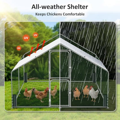 Large Metal Chicken Coop, Chicken Run with Feeding Door, Security Lock and Cover, Outdoor Walk-in Duck/Rabbit Cage Poultry Pen for Backyard, Farm, Yard (Silver - Spire Roof, 13.1 x 9.8 x 6.5 FT) - size: 157.4"L x 118.0"W x 78.7"H