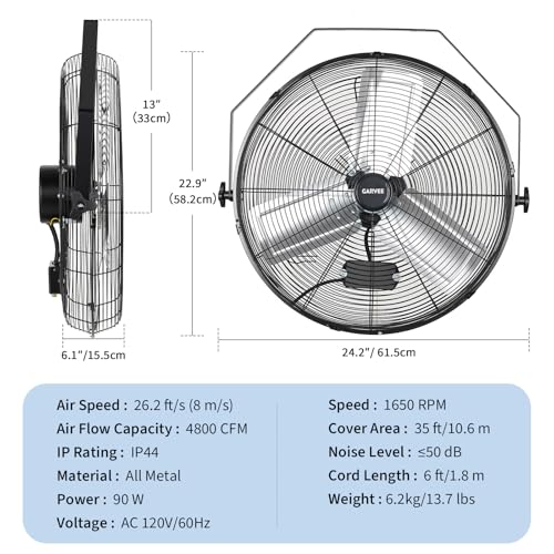 Garvee 20 Inch Wall Mount Fan, 4800 CFM 3 Speeds High Velocity Industrial Fan with 360° Tilt Head, IP44 Waterproof Heavy-Duty Aluminum Blades for Workshop, Warehouse, Greenhouse, Commercial - size: 20 Inch