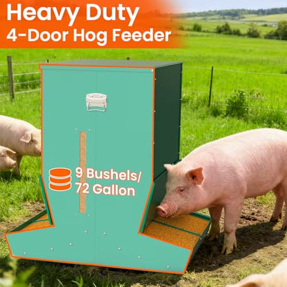 Heavy Duty 4-Door Hog Feeder for Pigs, Outdoor Self Feeder with Rainproof Lid for Hog Farm, Homestead, and Pasture