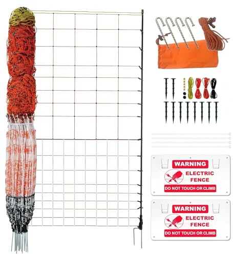 Electric Premium Poultry Netting Fence 59”H x 98.5’L - Versatile Portable Electric Fencing for Flying Chicken Sheep Goats Deer Hogs Dogs, Used in Backyards Homesteaders Farms and Ranches, PK1 - size: 59”H x 98.5’L x 1
