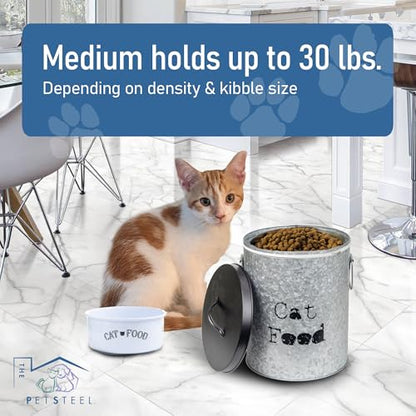 Medium Cat Up To 30lb Pet Food Storage Canister with Scoop – Durable & Airtight for Freshnesss, Minimalist Design & Recyclable, Huge Large Metal Container (Cat Bin - Medium Size) - size: Medium Cat 30lb