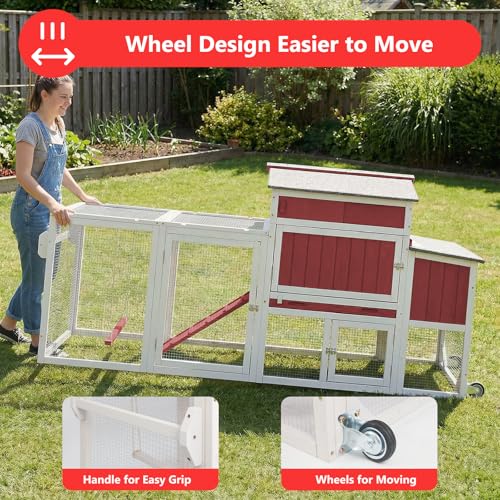 78" Wooden Chicken Coop with Nesting Box, Poultry Cage with Wheel Leak Proof Pull-on Tray and Asphalt Waterproof Roof, Hen House for Garden Backyard Farm - color: Red, size: 25.6"L x 39.4"W x 77.4"H