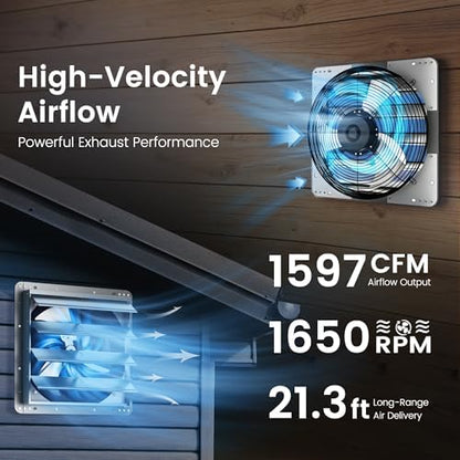 Xcity 12" Shutter Exhaust Fan with 6 ft Power Cord, High Speed AC Motor, 1597 CFM, 1650 RPM, Wall Mount Ventilation Fan with Automatic Gravity Louvers, for Garage, Shed, Commercial, Attic, Waterproof - size: 12 Inch