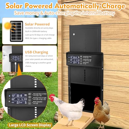 Automatic Chicken Coop Door Solar Powered, LCD Screen Auto Chicken Coop Door with Timer & Light Sensor, Anti-Pinch, Remote Control, Aluminum Waterproof, 4 Modes Solar Chicken House Door