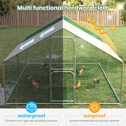 Chicken Coop Walk-in Chicken Runs for Yard with Waterproof Cover for 10/20 Chickens Large Metal Chickens Pen with Security Lock Poultry Cage