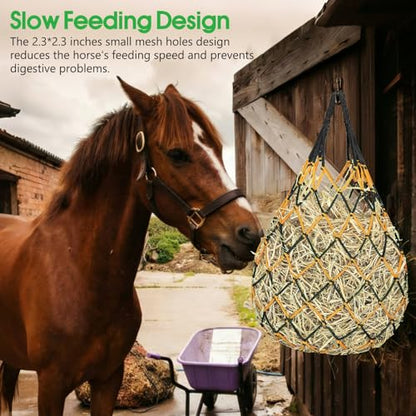 3 Pack Slow Feed Hay Nets for Horses, 40-Inch Durable Mesh Hay Bags with Carabiners and Gloves, Durable Hanging Hay Net for Goat Sheep, Livestock Hay Feeder for Stable Trailer Pasture - size: 3 Pack