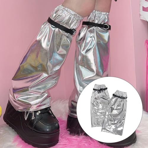 Women Metallic Silver Flared Leg Warmer Aesthetic Fashion Punk Buckled Garters Strap Baggy Leg Socks