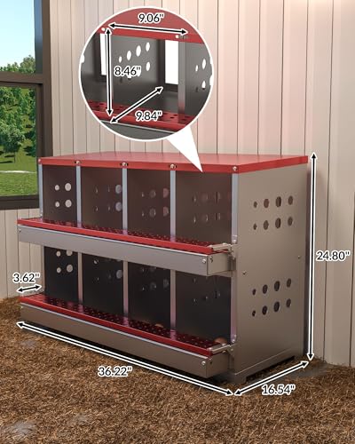 GarveeTech Chicken Nesting Box for Laying Eggs, 8 Compartment Galvanized Steel Laying Boxes for Hens with Front Access Tray, Easy Wall Mount, Includes 8 Training Eggs - color: Red
