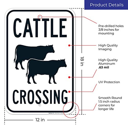 Cattle Crossing with Graphic Sign, 12x18 Inches, Rust Free .063 Aluminum, Fade Resistant, Made in USA - size: 12x18