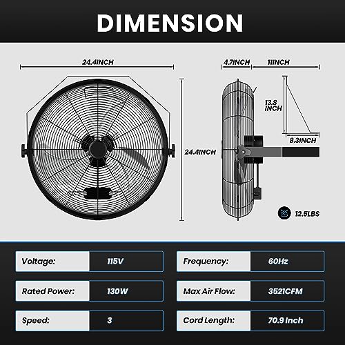 Simple Deluxe 20 Inch High Velocity Wall Mount Fan with Rack and L-Iron, 3 Speed Industrial/Commercial Metal Ventilation Fan, Black - size: 20 Inch with L-Iron, style: 1 Pack