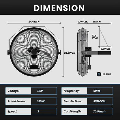 Simple Deluxe 20 Inch High Velocity Wall Mount Fan with Rack and L-Iron, 3 Speed Industrial/Commercial Metal Ventilation Fan, Black - size: 20 Inch with L-Iron, style: 1 Pack