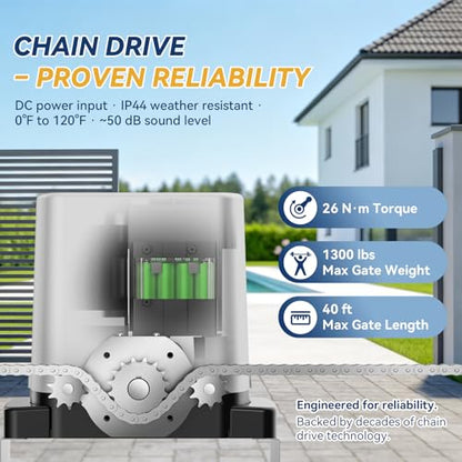 1300lbs Solar Sliding Gate Opener Chain Drive with Built-in Backup Battery, WiFi Remote Control, IR Sensor, Automatic Gate Motor for Heavy Driveway Slide Gates, Off-Grid Operation with Solar Panel | Wi-Fi Version