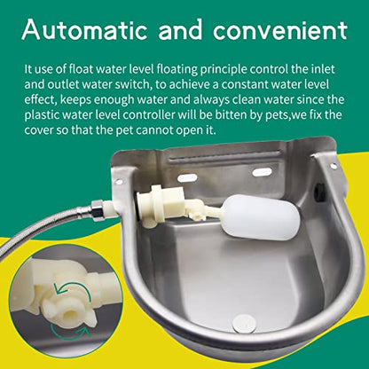 Automatic Livestock Waterer Bowl Kit 3/4" GHT Hose & 2 Drain Plugs | 304 Stainless Steel | Float Valve Auto Refill Water Dispenser |for Large Dogs,Horse,Chicken, Goat, Pig | 2.5L Capacity