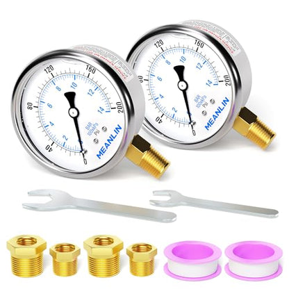 MEANLIN MEASURE 0~200Psi Stainless Steel 1/4" NPT 2.5" FACE DIAL Liquid Filled Pressure Gauge WOG Water Oil Air Lower Mount (Pack of 2), with 1/2" NPT and 3/8" NPT Hex Bushing - size: 0-200Psi (2Pcs)