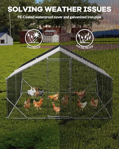 Large Metal Chicken Coop with Run, Walk-in Chicken Pen with Waterproof & Anti-UV Cover, Spire Roof Large Poultry Cage for Hen House, Duck Coop, Dog Kennel and Rabbit Run, 13.12 x 9.84 x 6.56 ft - color: W300 x D400 x H200cm, size: 118.1"L x 157.5"W x 78.7