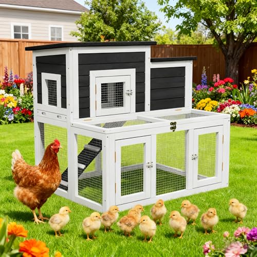 Small Chicken Coop for 2 Chickens,Wooden Chicken Coops with Nesting Boxes Indoor Outdoor,Bunny House Rabbit Hutch Poultry Pet Run Cage with 2 Waterproof Roof, Stairs&Leak-Proof-Tray (White) - color: White