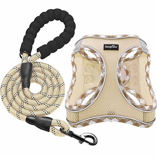 haapaw Dog Harness with Leash Set, No Pull Adjustable Reflective Step-in Puppy Harness with Thickened Padded Vest for Extra-Small/Small Medium Dogs - color: Beige, size: XS