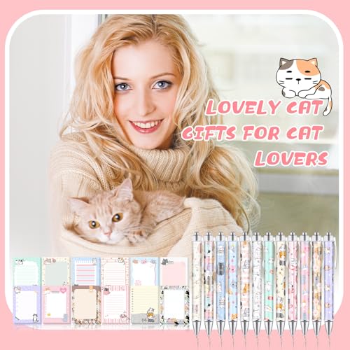 24 Pcs Cat Sticky Notes with Pens Cat Themed Gifts Party Favors Notepad Cute Memo Notes Pads Black Ink Ballpoint Pen for Women Animal Lover Christmas Gifts Office School Students Teacher Supplies - style: Cat