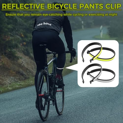 4pcs High Visibility Pant Cuff Clips for Cycling, Reflective Elastic Ankle Bands to Secure & Protect Trousers from Bike Chain, Bicycle Safety Gear for Night Riding, Running, Outdoor