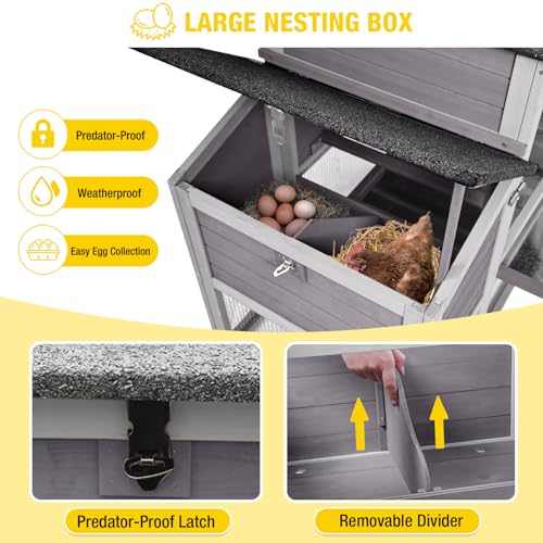 Aivituvin Large Chicken Coop with Wheels, Outdoor Hen House Mobile Poultry Cage with Run, Weatherproof Asphalt Roof, Sectionable Nesting Box, Leakproof Pull-Out Tray for 4-6 Chickens - Grey - size: 80.7"L x 22.0"W x 44.1"H
