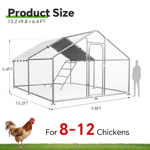 Large Metal Chicken Coop with Roosting Perch, UV-Resistant and Waterproof Cover, Chicken Run Outdoor Walk-in Cage Rabbit Duck Hen House for Yard Farm Use Spire Roof (10’W x 13.2’L x 6.4’H)