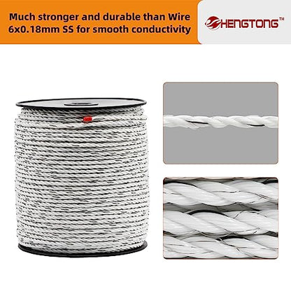 White Electric Fence Poly Rope 1/4 Inch 656ft for Horses | Upgraded portable polyrope, 6×0.18mm stainless steel conductors, safe for large farm animals