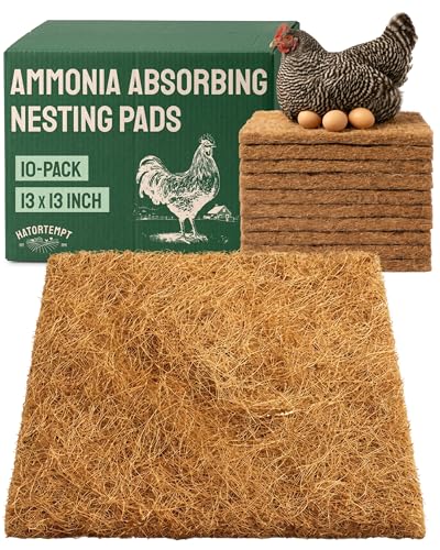 Hatortempt 10-Pack Chicken Nesting Box Pads for Laying Hens, 13"x13" | Ammonia Absorbing Coconut Coir - Helps Control Surface Odors - Tear-Resistant - Soft & Protective - Compostable - Trimmable