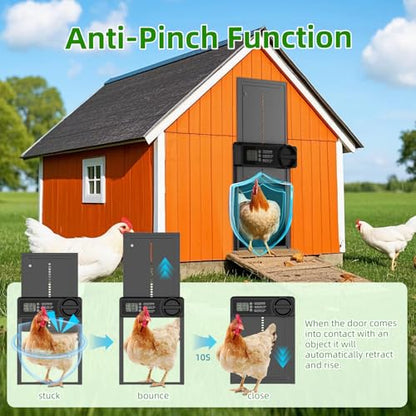 Automatic Chicken Coop Door, Battery Powered Electric Chicken Coop Door with Smart Timer, Anti-Pinch Sensor, LCD Display& Low Battery Reminder for Hens, Ducks, Geese Poultry