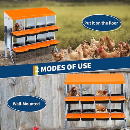 8-Hole Chicken Nesting Box, 2-Tier 8 Compartment Metal Roll Away Egg Laying Box with Lid & Legs, Easy Egg Collection, Galvanized Steel Rustproof Poultry Laying Boxes for Hens, Ducks, Farm, Yard - size: 8 holes with legs-Orange
