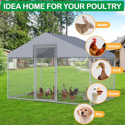 Metal Chicken Coop, Large Walk-in Chicken Run with Waterproof Cover, Spire Roof Hen House Poultry Cage for Outdoor, Backyard,Farm(6.43'Wx9.71'Lx6.41'H) - size: 116.5"L x 76.8"W x 76.5"H