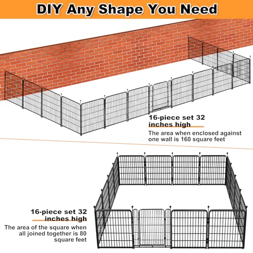 Getlay Garden Fences with Gate, 32 in(H)×27 in(L) 16 Panels Total 35.4 Ft(L), Garden Animal Barrier, Fence for Dogs Outside, Heavy Duty Iron Metal Animal Barrier Fence, Flower Bed Fencing - size: 32''(H)-16panels-35.4ft(L)