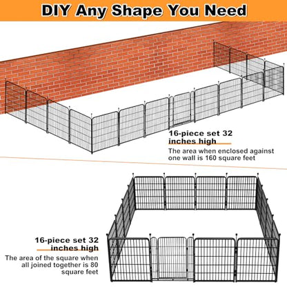 Getlay Garden Fences with Gate, 32 in(H)×27 in(L) 16 Panels Total 35.4 Ft(L), Garden Animal Barrier, Fence for Dogs Outside, Heavy Duty Iron Metal Animal Barrier Fence, Flower Bed Fencing - size: 32''(H)-16panels-35.4ft(L)