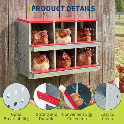 Metal Chicken Nesting Boxes - 8 Hole Wall-Mountable Laying Boxes with Flip-Top Lid & Roll-Away Egg Collection, Weatherproof Galvanized Steel, Includes 8 Fake Eggs for Chicken Coop, Red - color: Red, size: 6 compartment with Flip-top Egg collection box