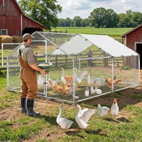 Large Metal Chicken Coop, 9.8' W x 13.1' L x 6.5 H Walk-in Poultry Cage, Chicken Run Pen House with Waterproof & Anti-Ultraviolet Cover & Lockable Doors for Outdoor