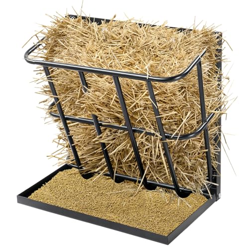 Wall Mount Hay Rack,Long Livestock Hay Feeder with Detachable Grain Tray,Heavy-Duty Steel Hay Feeder,Goat Hay Rack,Multiple Sided Feeding Rack for Sheep,Goats,Horses,Indoor Outdoor Uses