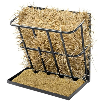 Large Capacity 2-in-1 Hay Feeder with Detachable Grain Tray, Heavy Duty Steel, Wall-Mounted Rack for Goat, Sheep, Horse Livestock, Black