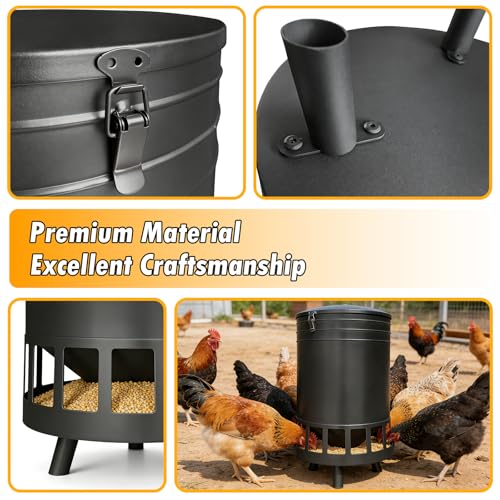 50LB Large Capacity No-Waste Chicken Feeder - Automatic Gravity Dispenser with 16 Feeding Ports, Spill-Control Design, Rust-Proof Powder Coated Metal Poultry Feeder for Coop & Outdoors