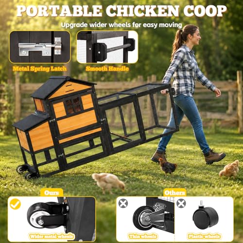Portable Chicken Coop with Wheels Poultry Cage, Wooden Chicken Coop for 4-6 Chickens, Nesting Box, Pull-Out Tray, Ventilated Windows, Asphalt Weatherproof Roof, 81.5" Lx25.6 Wx44.1 H, Yellow - color: Yellow