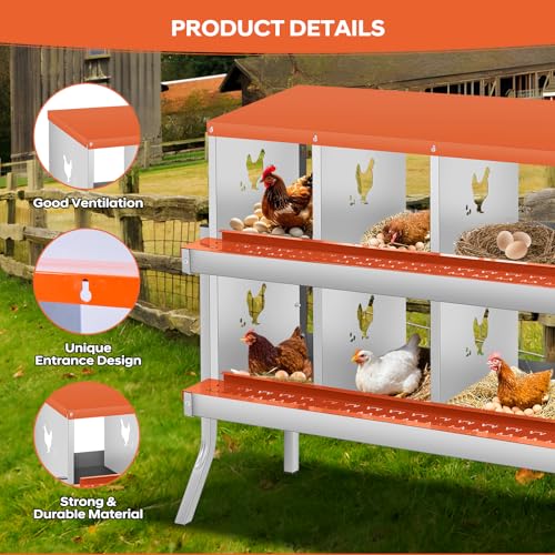 GarveeTech Chicken Nesting Box with Legs, 6 Compartment Metal Hen House, Elevated Design for Cleaner Eggs, Easy Egg Collection & Durable Poultry Nesting Solution - size: Orange-6 Compartments with legs