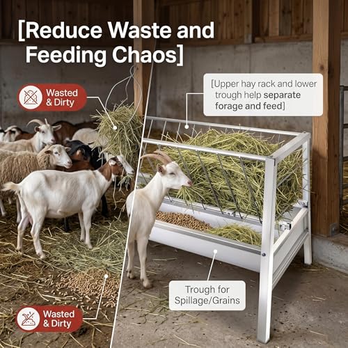 2-in-1 Livestock Hay Feeder & Grain Trough, 98 Gallon Large Capacity, 59 Inch Free-Standing Goat Hay Feeder, Stainless Steel Frame with Rubber Feed Tray, Multi-Sided Access, Outdoor Pasture Barn
