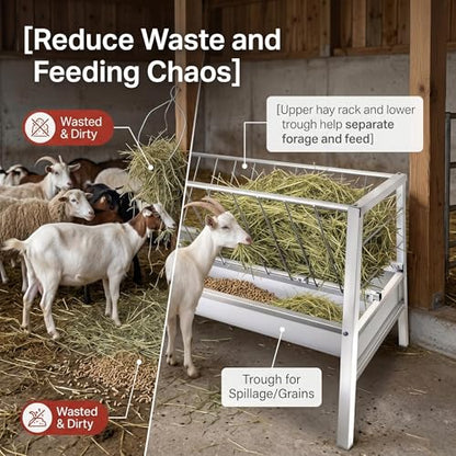 Dual-Function 92 Gallon Goat Hay Feeder with Sturdy Steel Build, Durable Hay Feeder for Goats & Livestock Shelter with 2 Trays, Feed Trough Hard to Over-Top in Farms Outdoors Long-Term Use