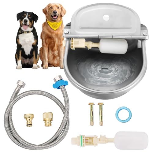 Automatic Animal Drinking Water Bowl, 304 Stainless Steel Livestock Waterer with Float Valves, 39" Pipe Hose, 1/2" to 3/4" Adapter, Water Trough for Dog, Horse, Goat, Pig, Cow