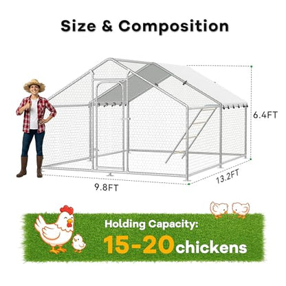 Large Metal Chicken Coop Walk-in Poultry Cage with Waterproof Roosting Perch and UV-Resistant Cover, Outdoor Chicken Run for Backyard Farm Use,Spire Roof(10'W x 13.2'L x 6.4'H) - size: 13x10Ft-Spire