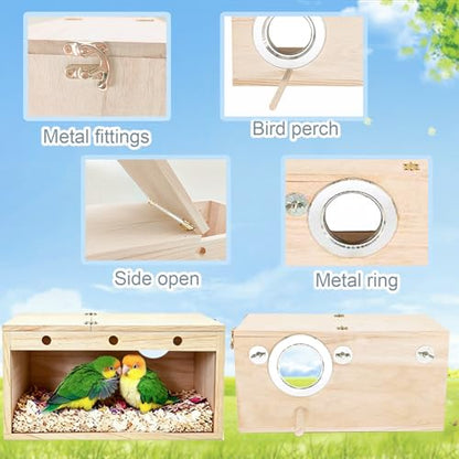 Tfwadmx Parakeet Nesting Box, Transparent Bird Nest Breeding Box, Wood Parrot Nest Box with Perch Bird Cage House for Cockatiel Lovebirds Budgie Canary Finch(S) - color: S