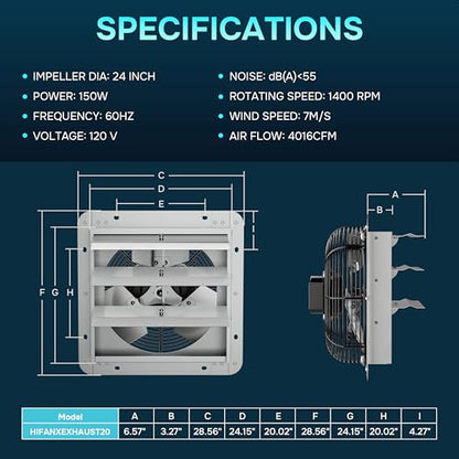 iPower 24 Inch Wall Mounted Shutter Exhaust Fan with Temperature Controller and Power Cord Kit, Aluminum, 1400 RPM, 4016 CFM, for Attic, Garage, Louvered Vent, Plant, Greenhouse, Silver - size: 24 Inch, style: Temp Controller Exhaust Fan(with Power Cord)