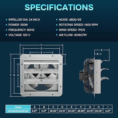 iPower 24 Inch Wall Mounted Shutter Exhaust Fan with Temperature Controller and Power Cord Kit, Aluminum, 1400 RPM, 4016 CFM, for Attic, Garage, Louvered Vent, Plant, Greenhouse, Silver - size: 24 Inch, style: Temp Controller Exhaust Fan(with Power Cord)