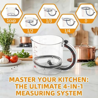 Adjustable 4-in-1 measuring cup with double scale (ml/oz) push bottom design, used as a multi in 1 measuring tool for baking and cooking