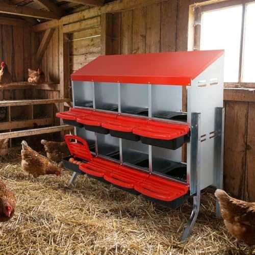 GarveeHome 2-Tier Chicken Nesting Box, 8 Compartment Metal Chicken Laying Boxes with Waterproof Roof ＆ Removable Trays for Hens, Poultry，Easy Egg Collection - color: Red, size: 8 holes with legs