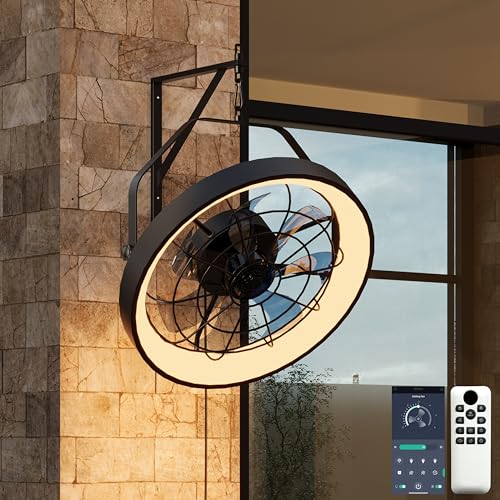 20" Wall Mount Fan with Light | Plug in - 3CCT Dimmable LED, 6-Speed, Smart Remote & APP Control, Ceiling & Wall Mount，Indoor & Outdoor for Patio, Garage, Living Room, Workshop（Metal Frame） - color: Metal Frame